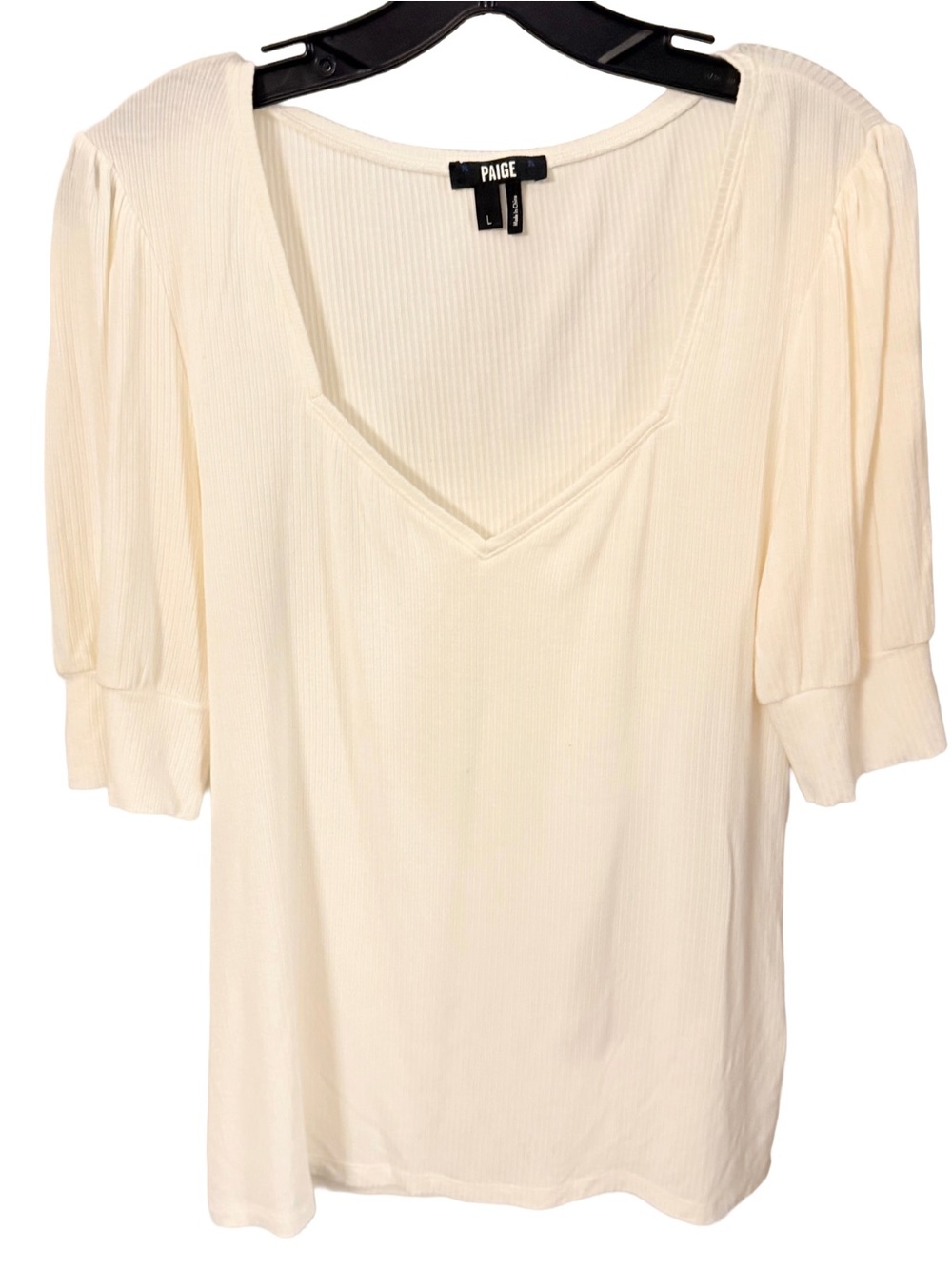 Paige Women’s Ivory Ribbed Puff Sleeve Top V-Neck Sz L